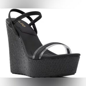 Aldo Bodish 5” Black Wedge Sandals Size 8 Plastic Strap Woven Texture